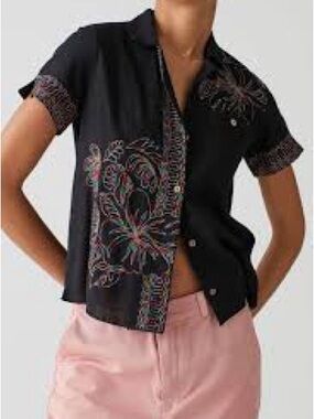 Urban Outfitters Hideaway Embroidered Button Down Top Medium Black Floral